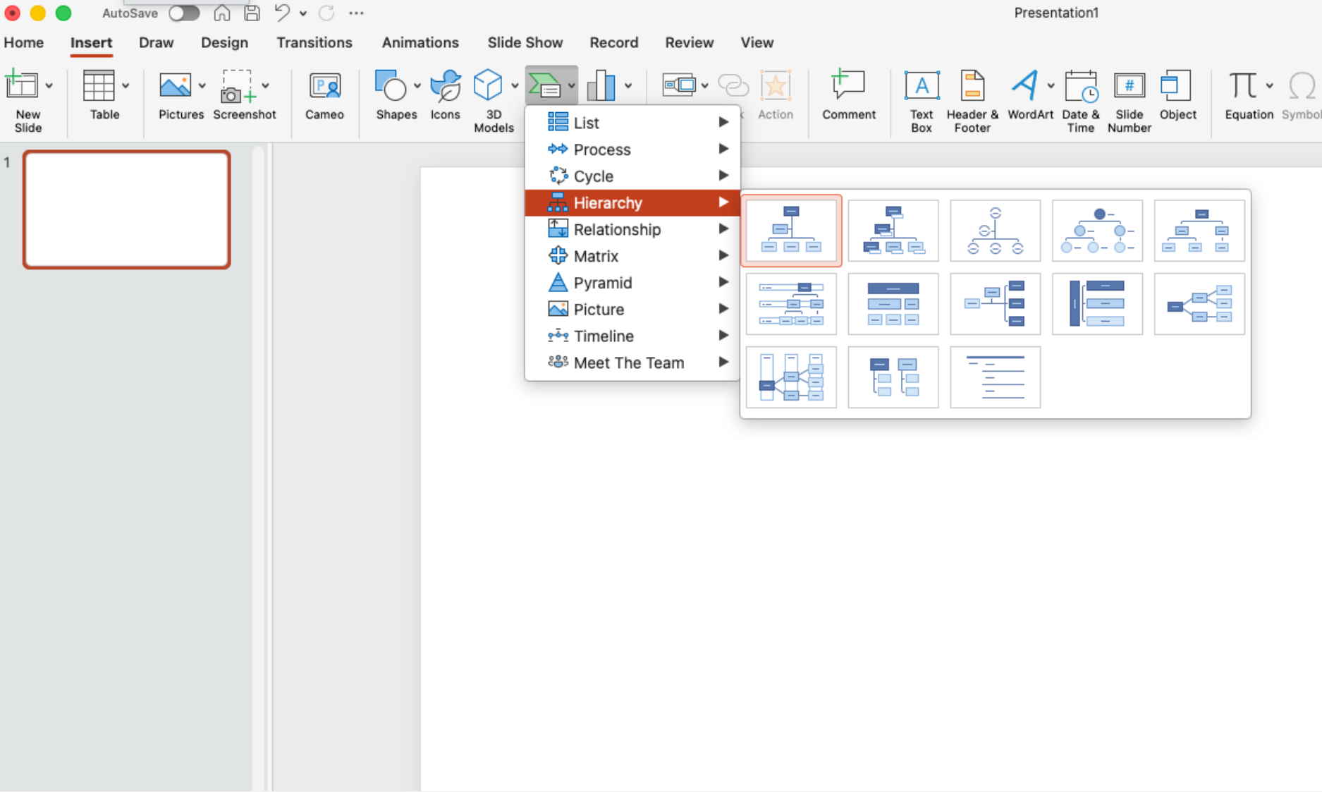 Selecting an org chart to insert into Microsoft PowerPoint