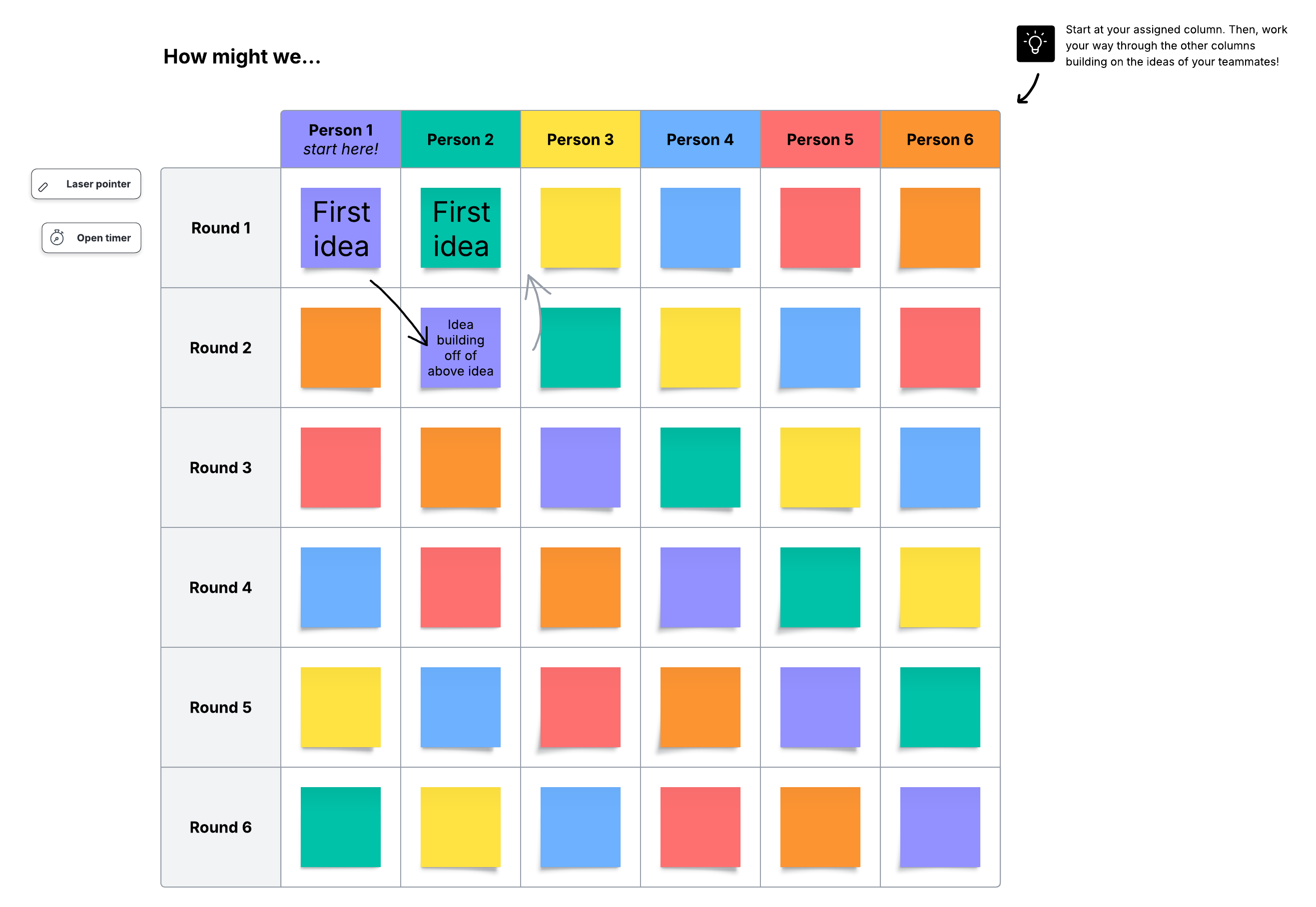 Brainwriting template with lots of rainbow-colored sticky notes in columns for brainstorming.