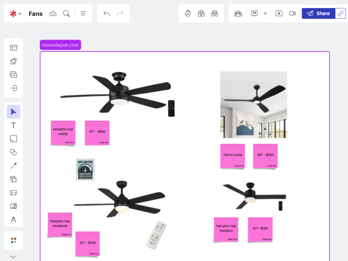 Many people use Lucid to compare and choose products. In this board, Cindy Katz compares ceiling fan options.