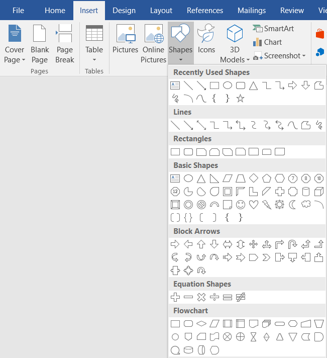 Shapes Menu in Microsoft word