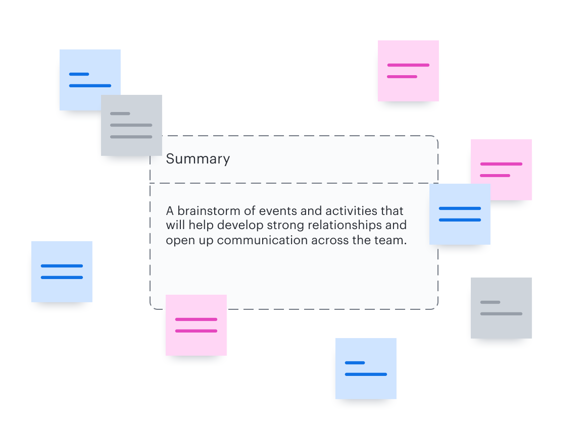 Abstract image of sticky notes around a summary that says "A brainstorm of events and activities that will help develop strong relationships and open up communication across the team."