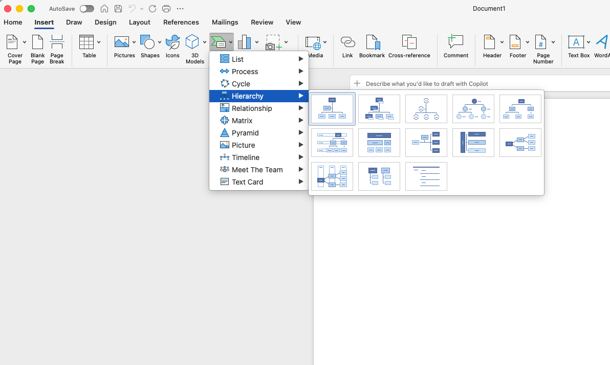 Image showing using SmartArt and hovering over "Hierarchy" to insert a chart in Microsoft Word