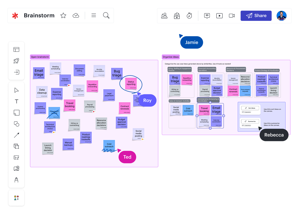 Brainstorm and sort ideas of potential AI use cases in Lucid.