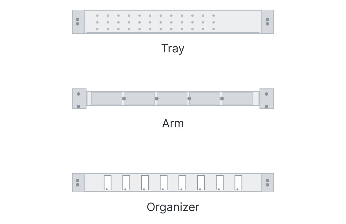 Tray, arm, and organizer symbols