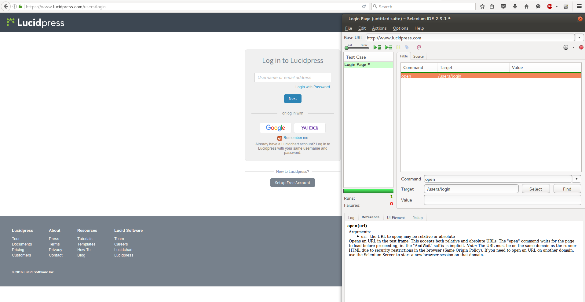 Screenshot of Selenium IDE add on