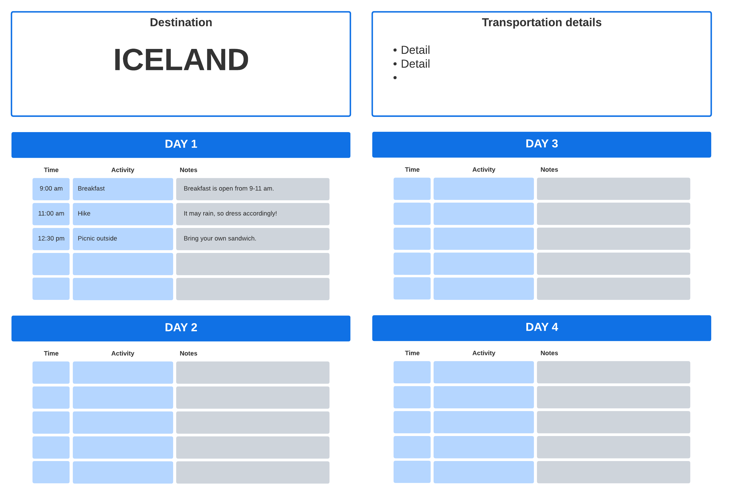 Travel itinerary template (click to use template)