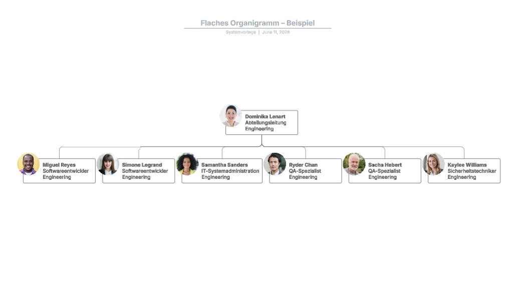 Beispiel für ein flaches Organigramm (zum Bearbeiten auf das Bild klicken)