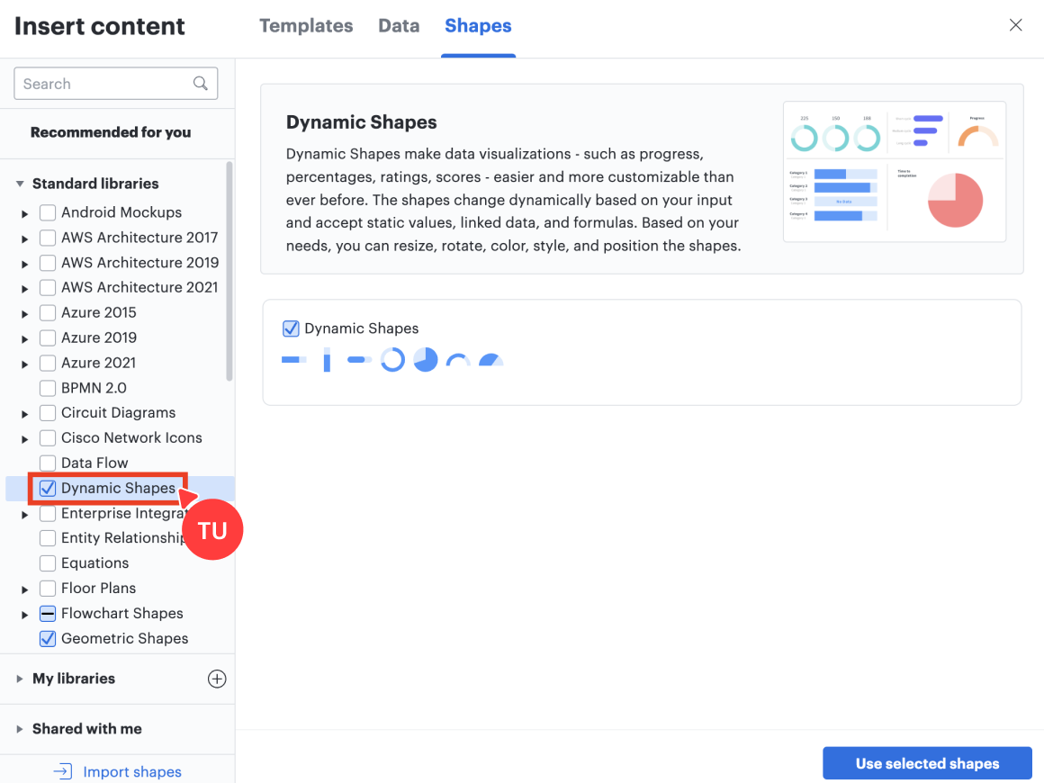 Screenshot of the Dynamic Shapes window in Lucidchart. 

At the top left of the window it says "Insert content" Then there are tabs saying "Templates," "Data," and "Shapes," and the Shapes tab is selected. 

Beneath that is an explanation of Dynamic Shapes and a box saying "Dynamic shapes" is checked with a few progress shapes shown. 

On the left side menu, Dynamic shapes is also checked and highlighted and cursor named "TU" hovers over it.