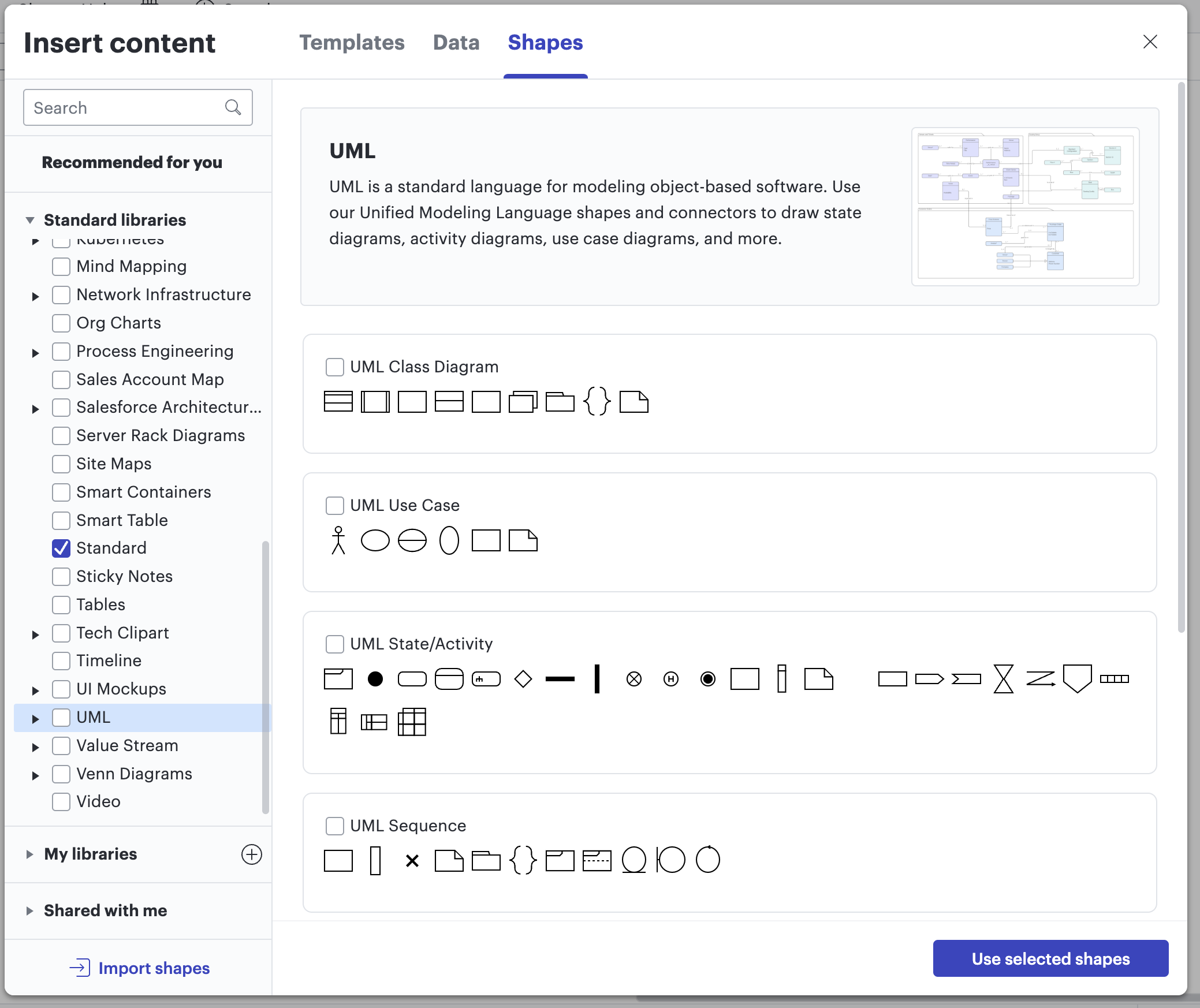 Example of some of the UML shape libraries available in Lucidchart