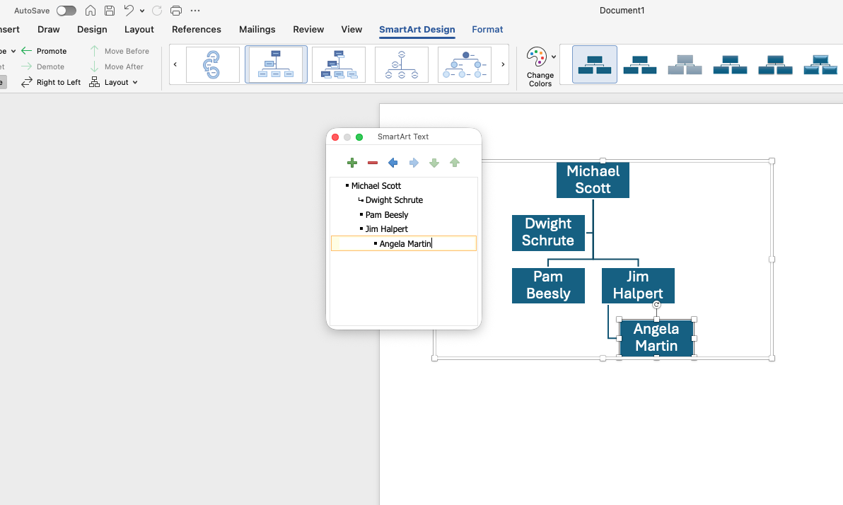 SmartArt Text pop-up in Word showing org chart hierarchy