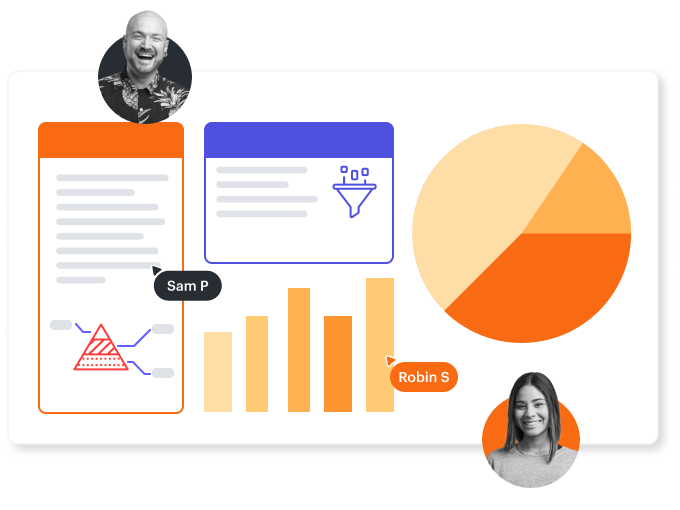 illustration of infographics plus two people smiling