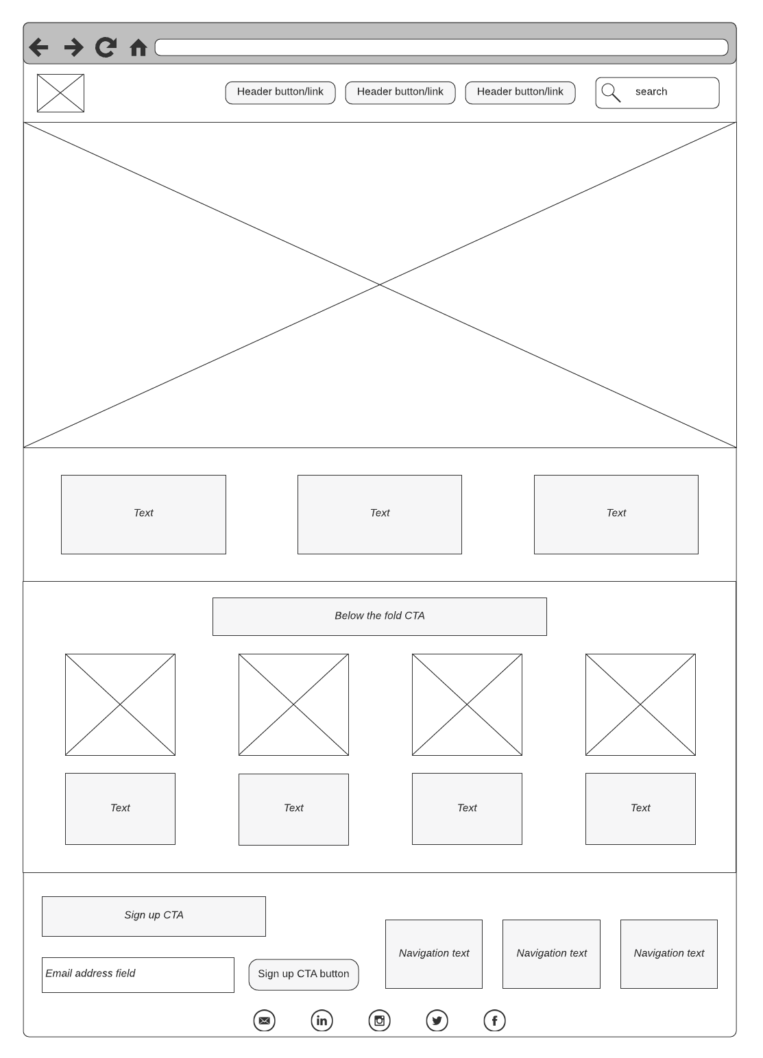 Click to get started with this home page wireframe template in Lucidchart