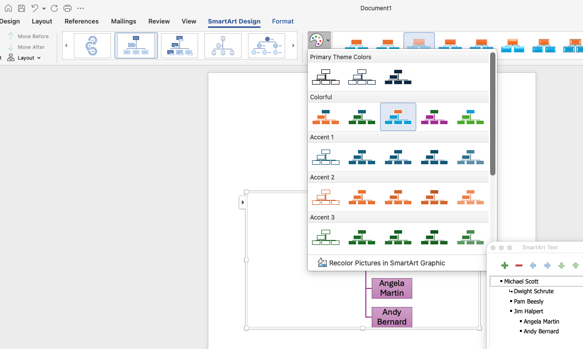 Formatting an org chart in Microsoft Word