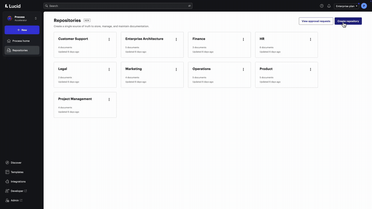 User setting up a repository in Lucid's Process Accelerator and moving documents to the repository