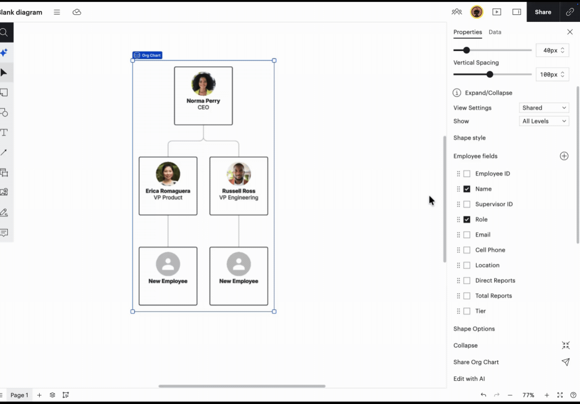 Add details to each employee, including their contact information, reports, employee ID, and more.