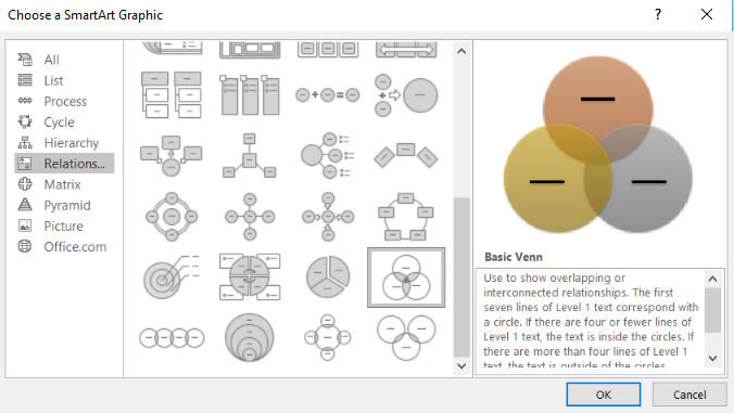 Insert a Venn diagram in PowerPoint with SmartArt.