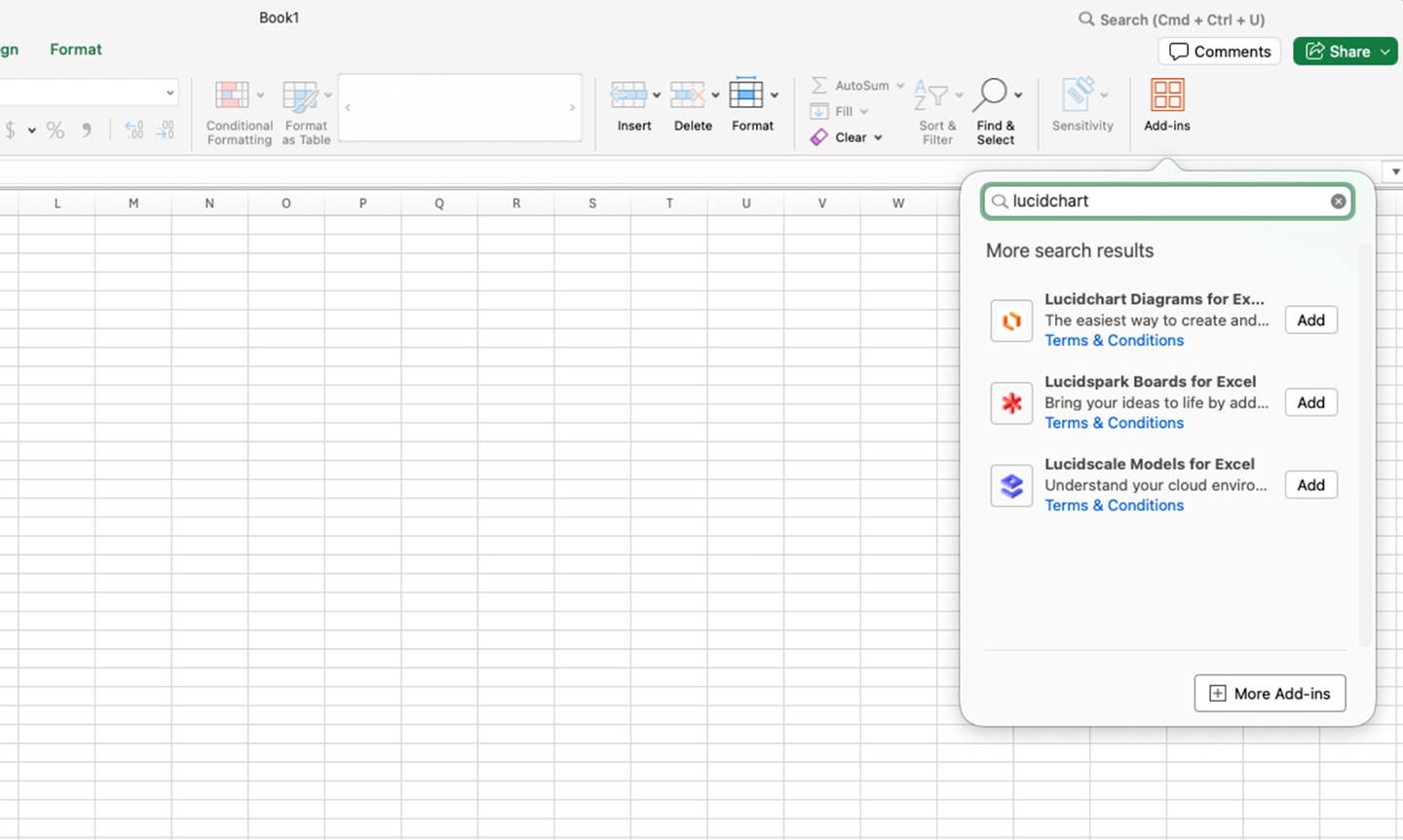 Image showing the Lucid add-ins for Excel