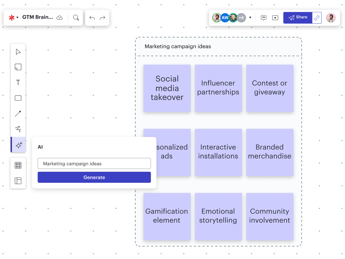 Image of marketing campaign ideas generated on sticky notes in Lucidspark with the AI icon selected and "Marketing campaign ideas" typed in the AI prompt.