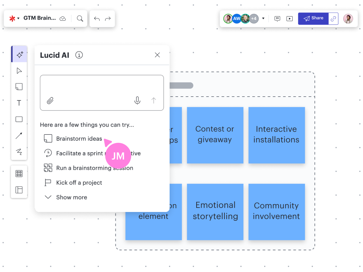 Widok pomysłów na kampanię marketingową wygenerowanych na karteczkach samoprzylepnych w Lucidspark z zaznaczoną ikoną AI i wpisanym poleceniem „Marketing campaign ideas” w prompcie AI.
