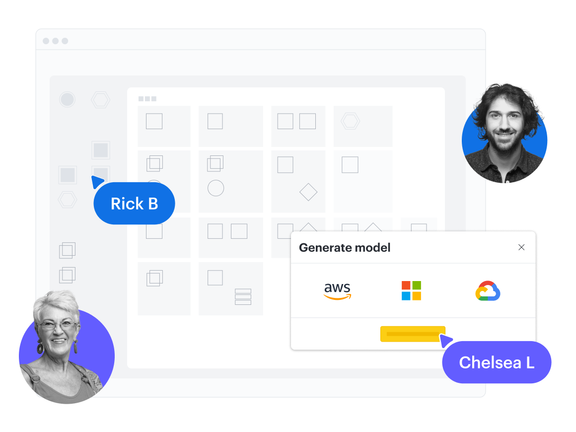 Een conceptueel beeld van een cloudmodel dat wordt gegenereerd in Lucidscale met opties voor AWS, Azure en GCP