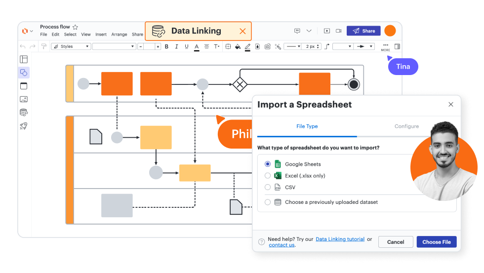 Imagen de un documento de Lucidchart demostrando la vinculación de datos