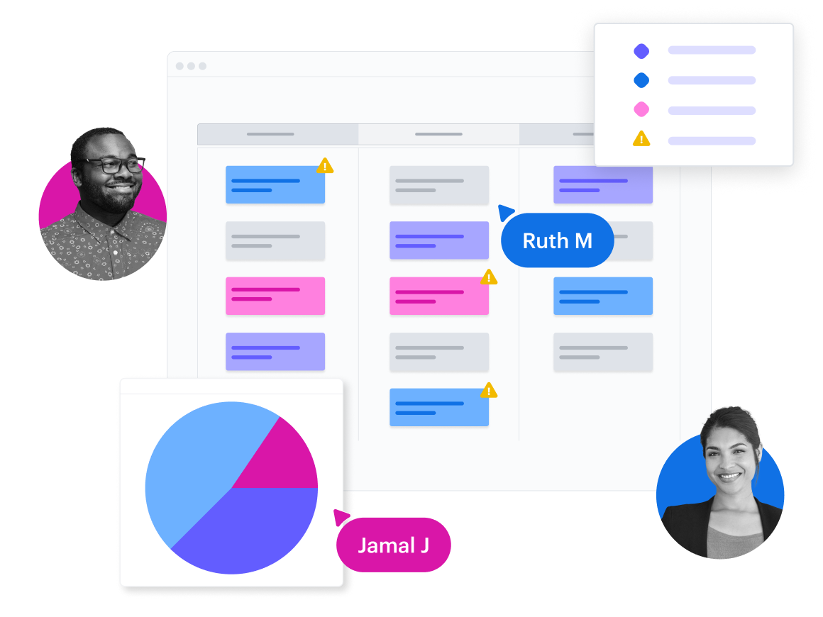Image conceptuelle d'un tableau de bord Lucidchart avec mise en forme conditionnelle dans un tableau et un diagramme circulaire