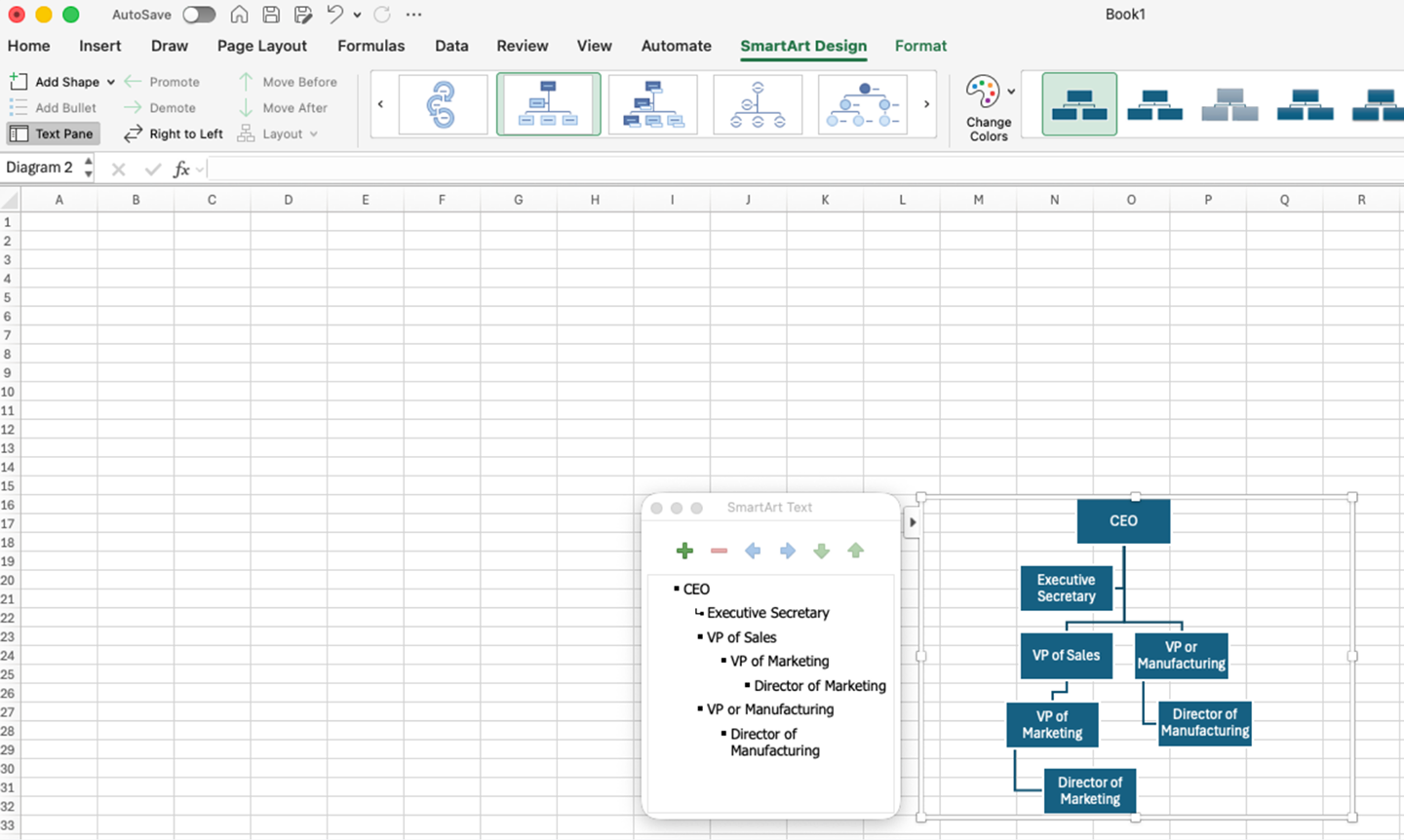 Image of an org chart in Excel
