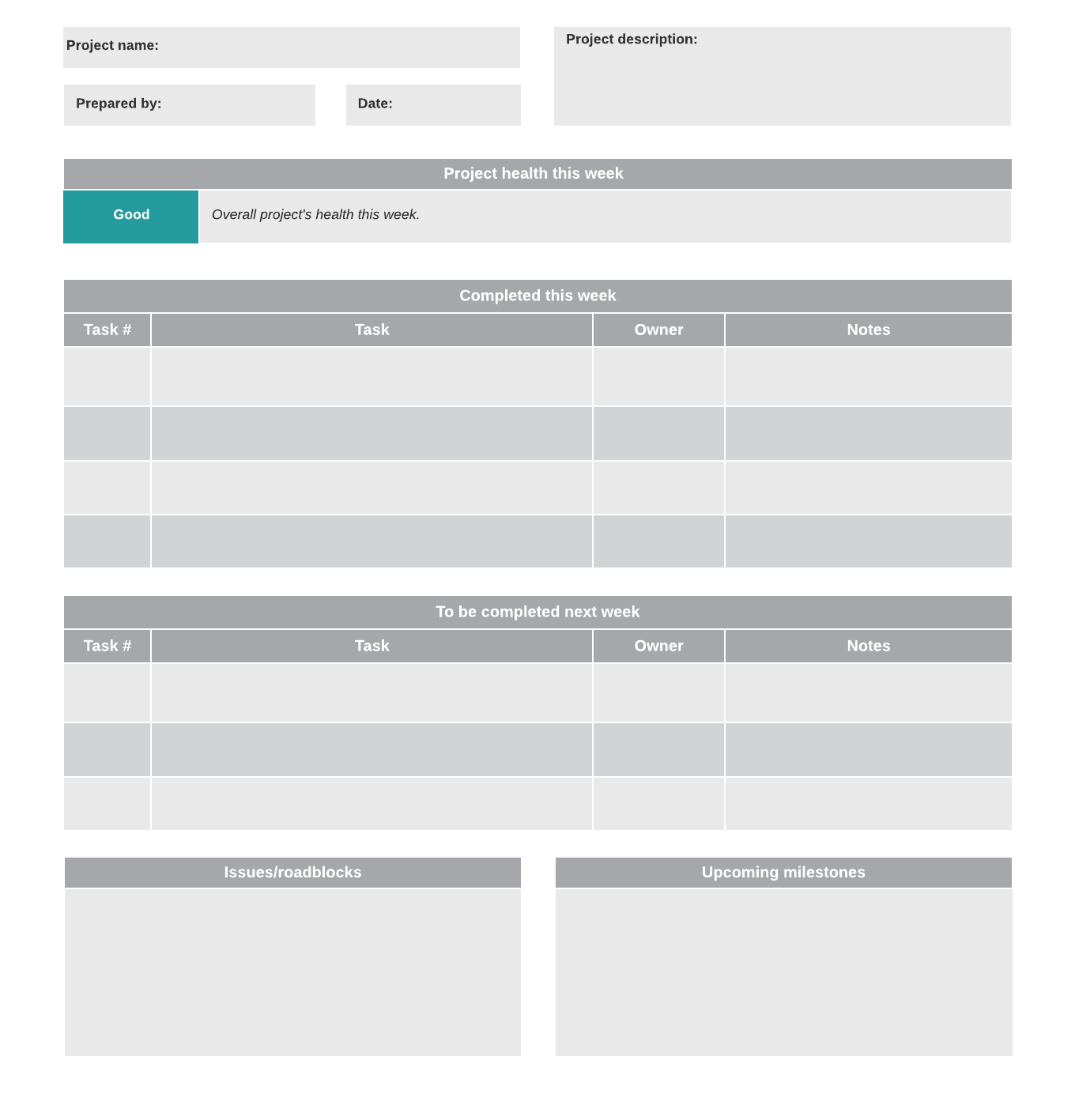 Weekly project status report example (click on image to modify online)