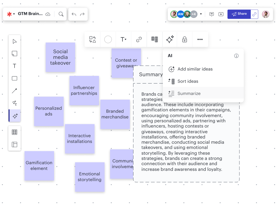 Image of marketing ideas on sticky notes in Lucidspark. The "Summarize" feature is selected under the AI icon, and you can see summary text in the background.