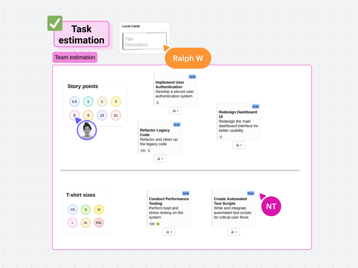 With Lucid’s team estimation capability, Agile teams can use story points to estimate the level of effort for tasks.