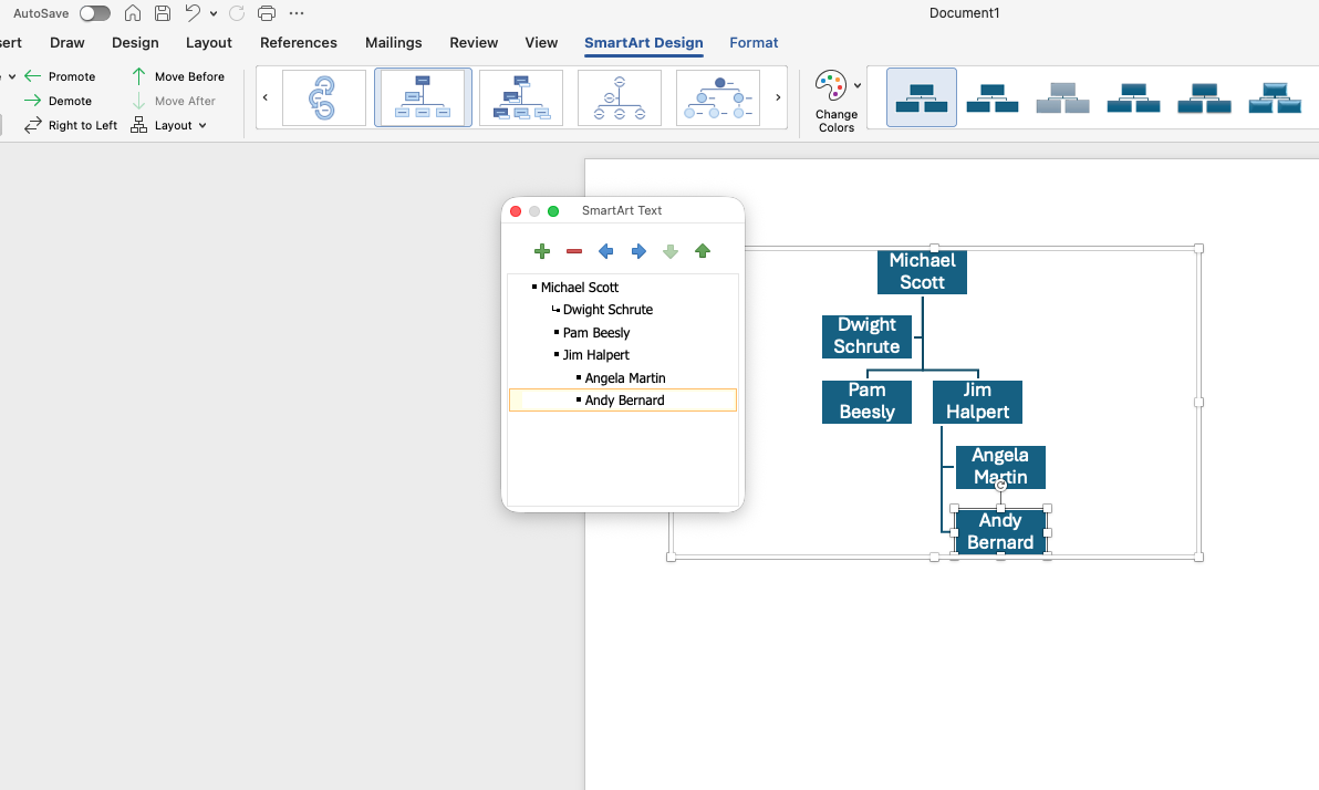 Adding a shape to an org chart in Word