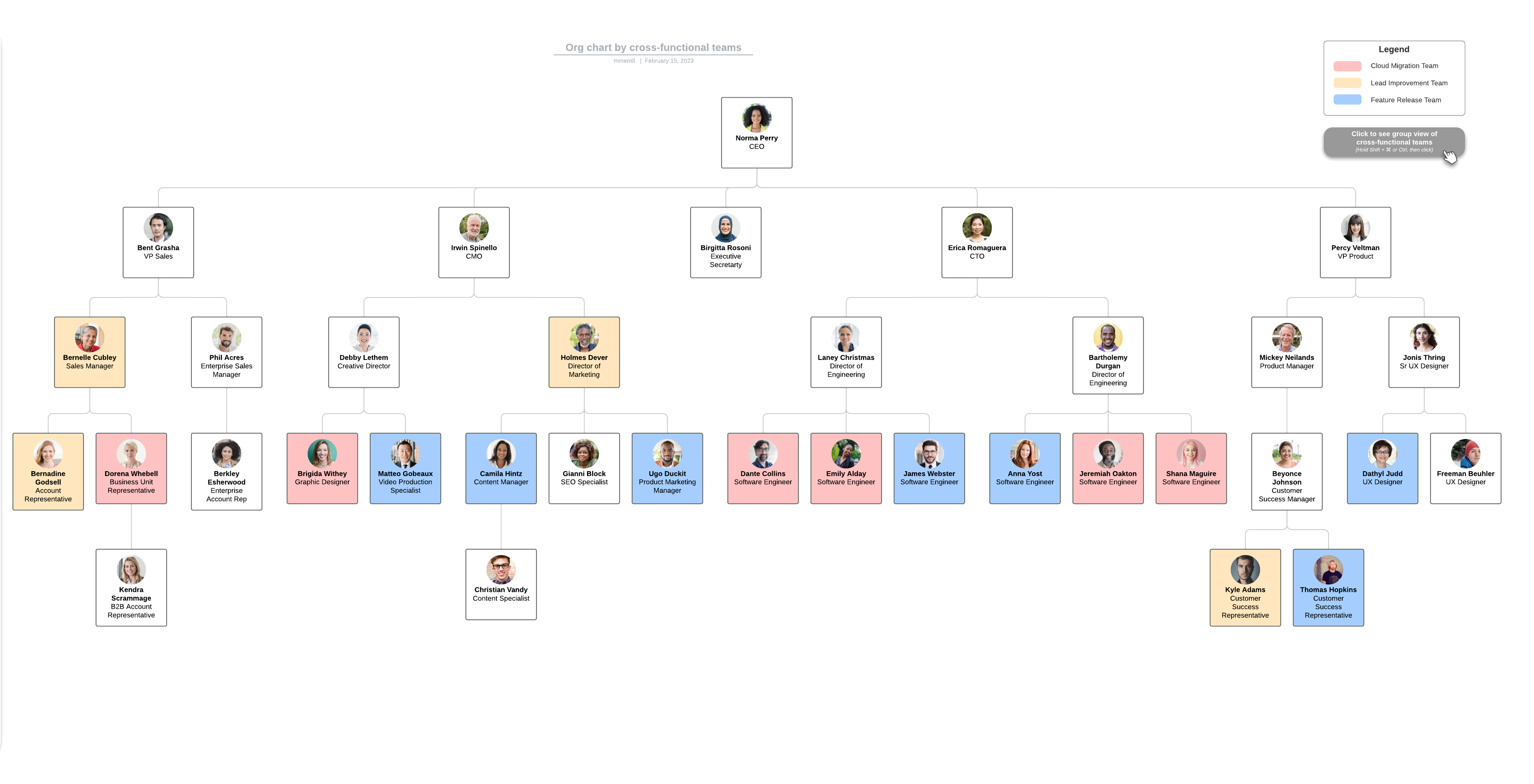Org chart by cross-functional teams example (click to edit online)