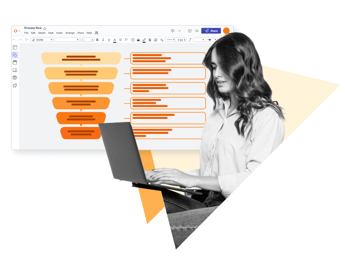 Abstract illustration of charts and an image of a woman typing on a laptop