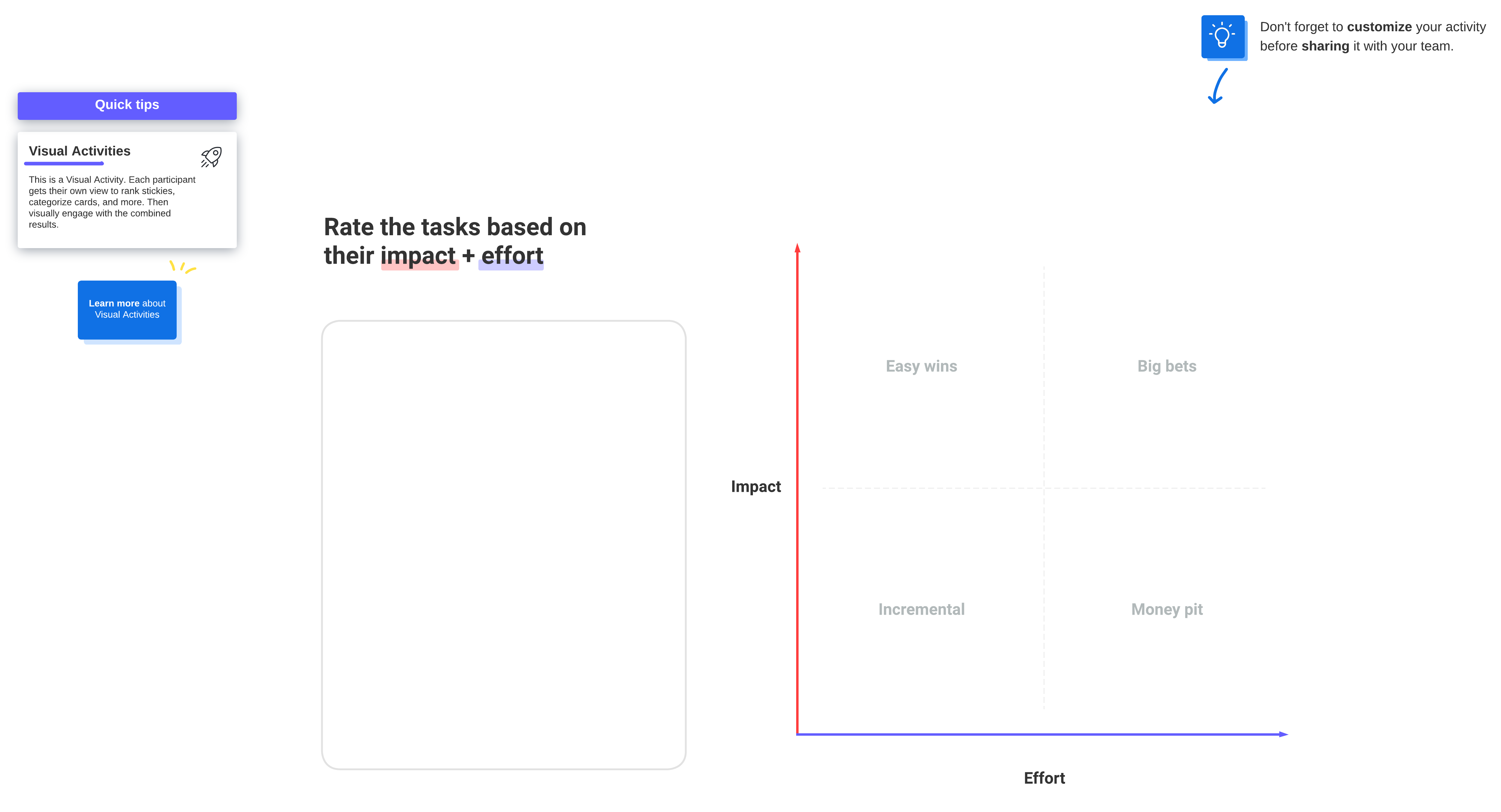 Usa esta Actividad visual en Lucid antes de tus reuniones de consenso para averiguar qué opina tu equipo sobre las próximas tareas.