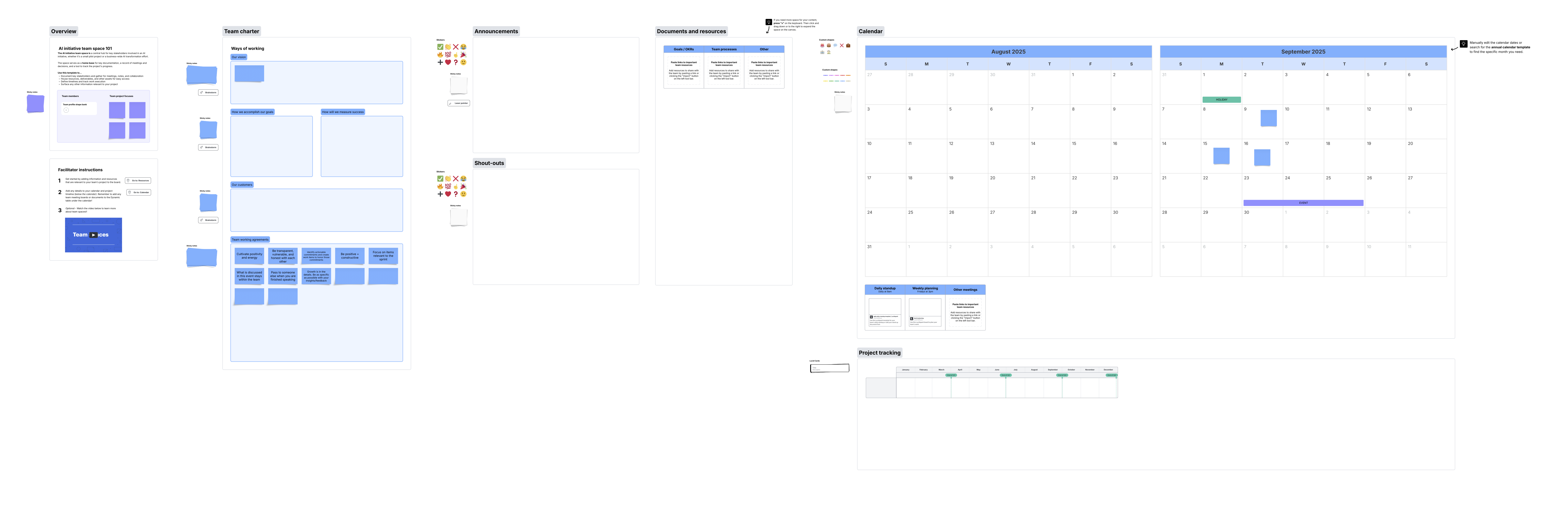 team space template in Lucidspark with a frame for a team charter, announcments, doocuments and resources, a calendar, and project tracking