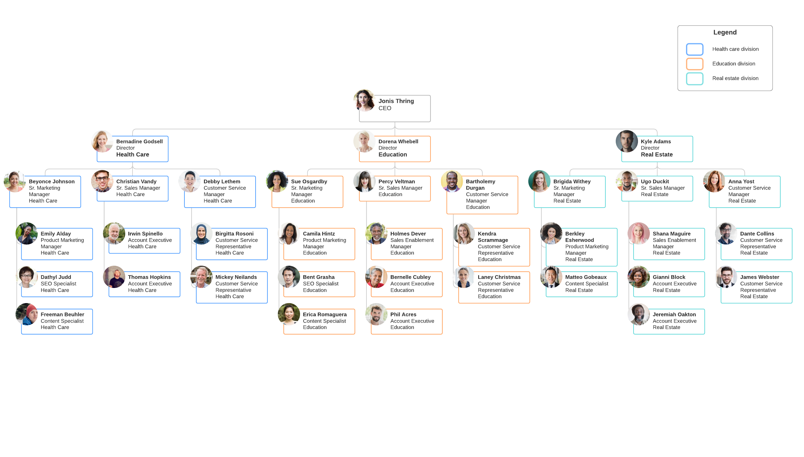 ​​​​​​​ Market-based divisional org chart example (click on image to modify online)