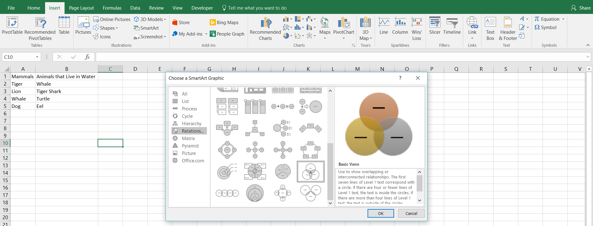 Use SmartArt to create a Venn diagram in Excel.