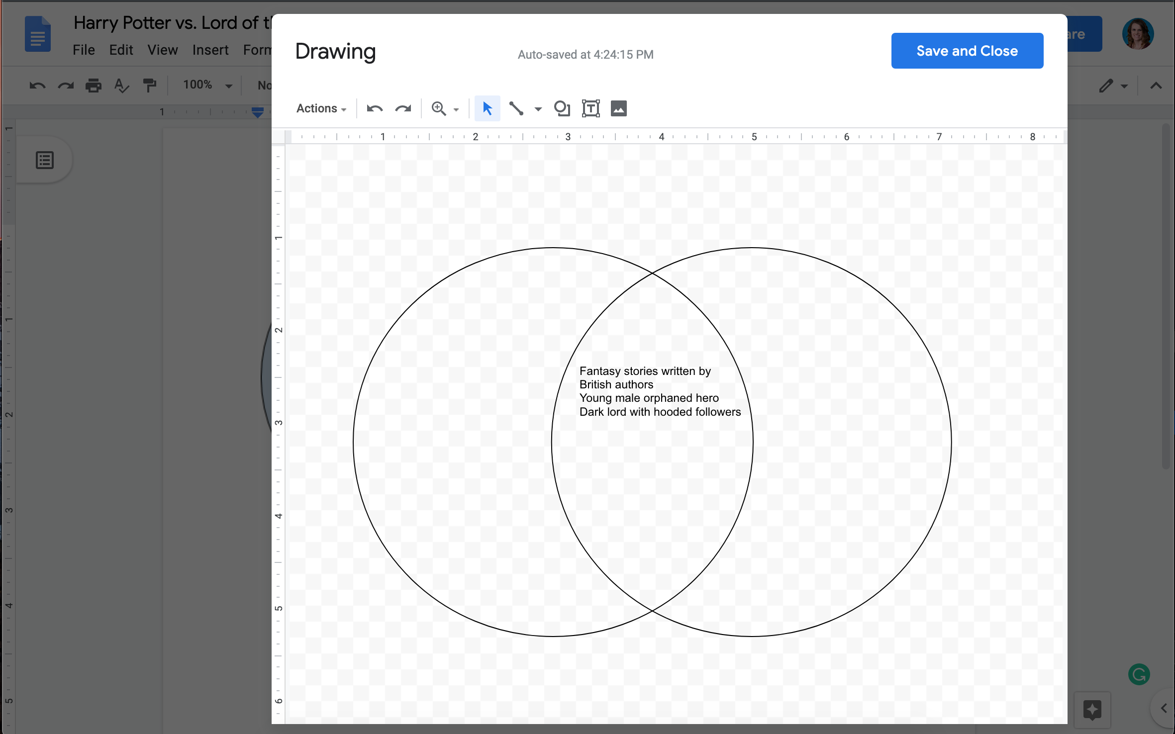 An example of using Google Drawings to create a Venn diagram in Google Docs