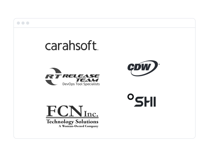 A web browser window with five company logos displayed. From left to right, the logos are: Carahsoft, RT Release Team DevOps Tool Specialists, CDW, SHI, and FCN Inc. Technology Solutions, A Woman-Owned Company.