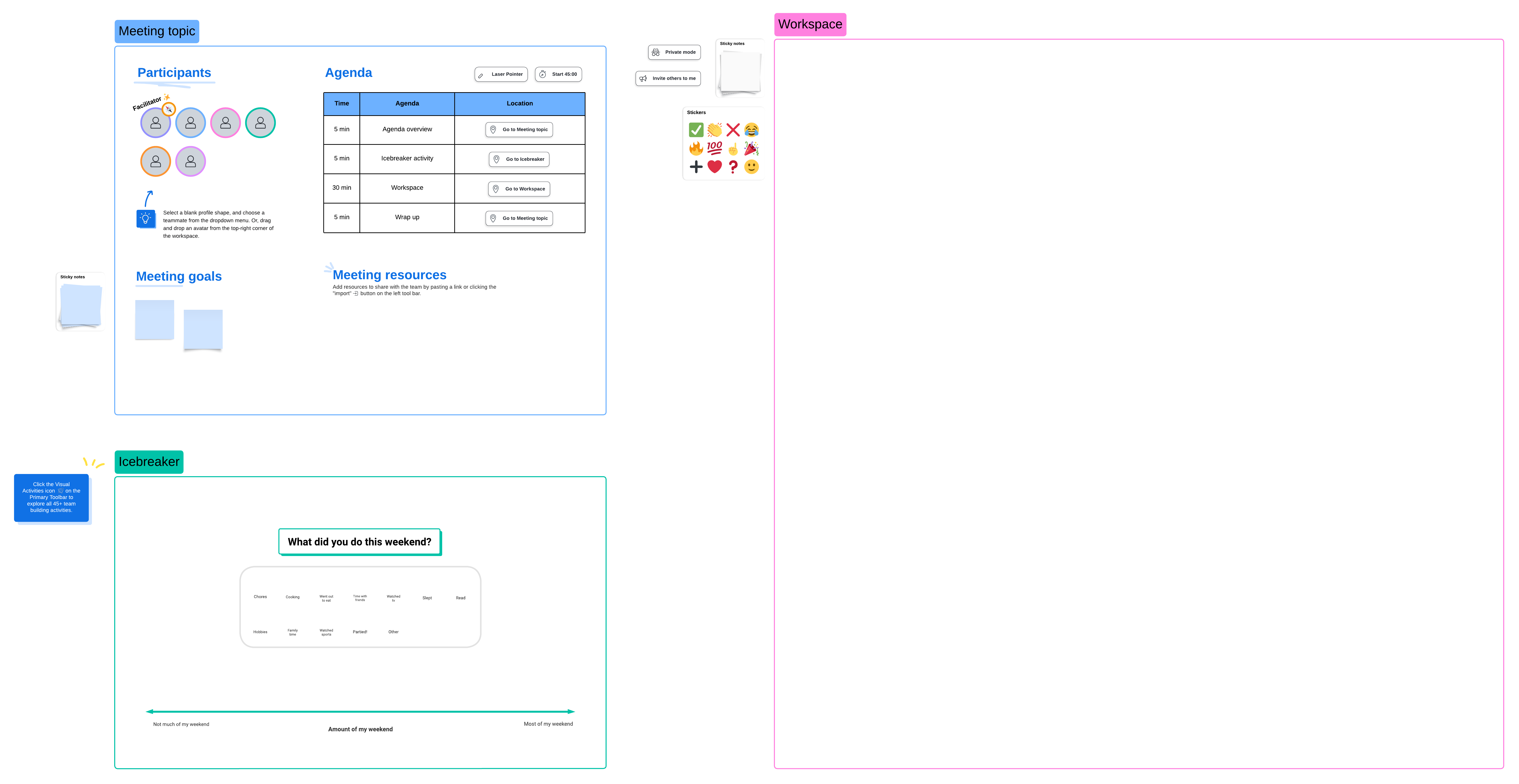 Lucid has customizable templates that help you prepare for meetings ahead of time. Click on the image to use this meeting agenda template.