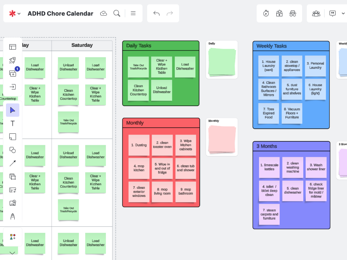In Lucid, it’s easy to visualize daily, weekly, and monthly tasks to keep track of what needs to be taken care of around the house.