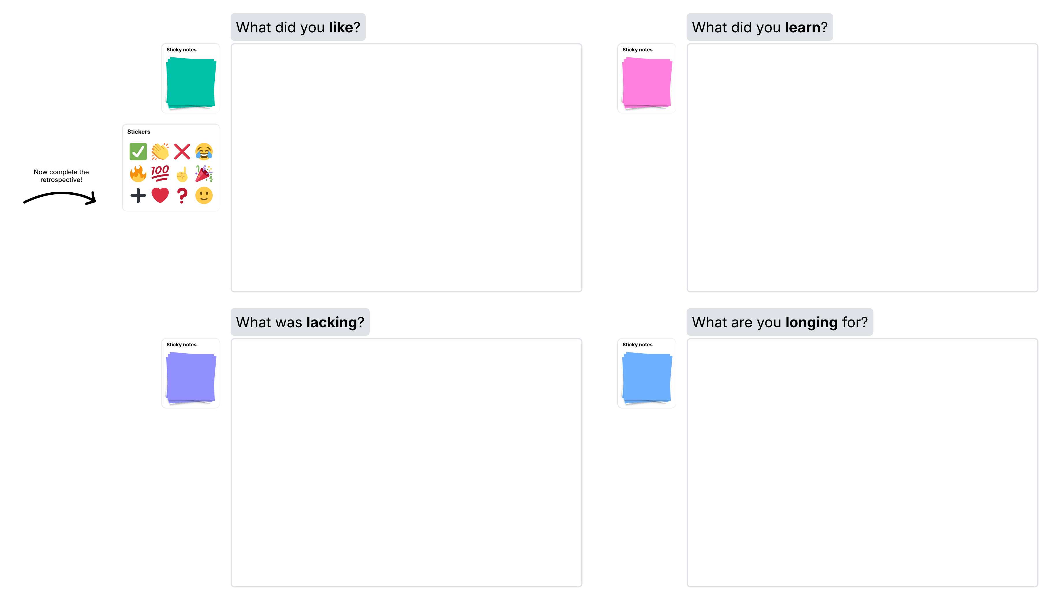 Open the 4 L’s Scrum retrospective template to reflect with your team.