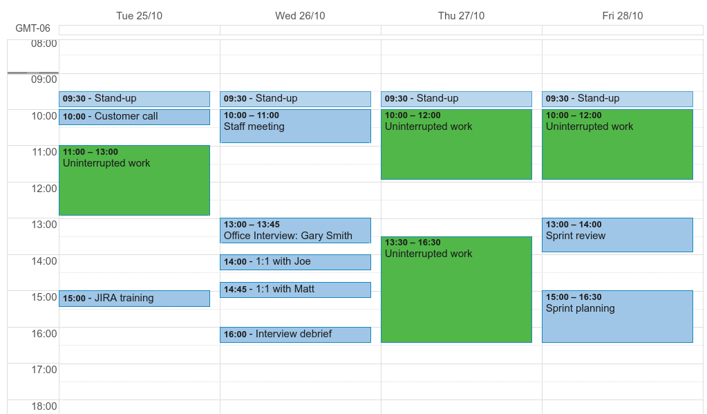 A screenshot of a week view in Google Calendar, showing slots of time allocated to uninterrupted work