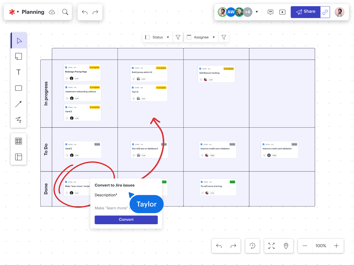 Lucidspark Dynamic Table with pop up to convert a Lucid Card to a Jira issue