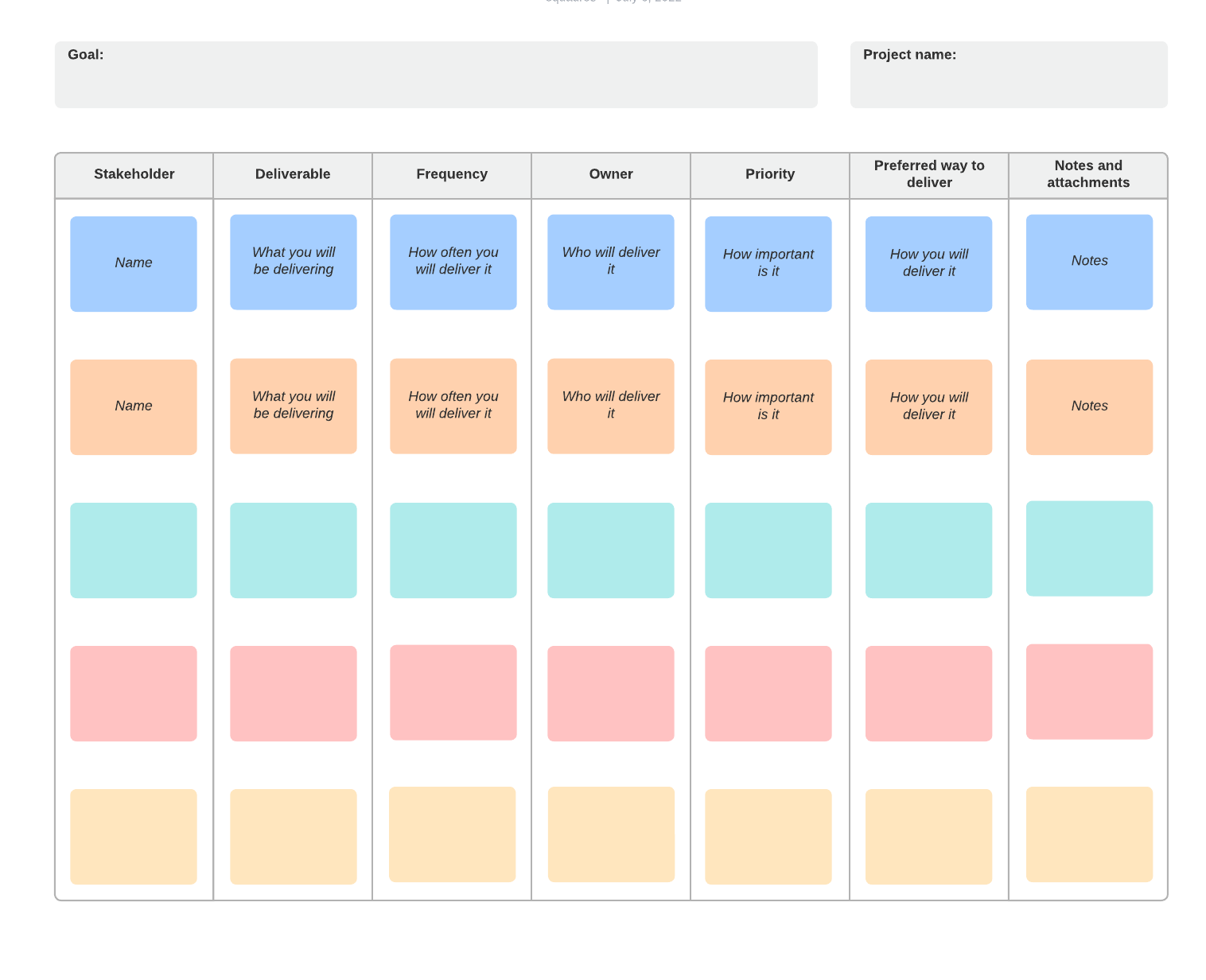 Communication plan template example (click on image to modify online)