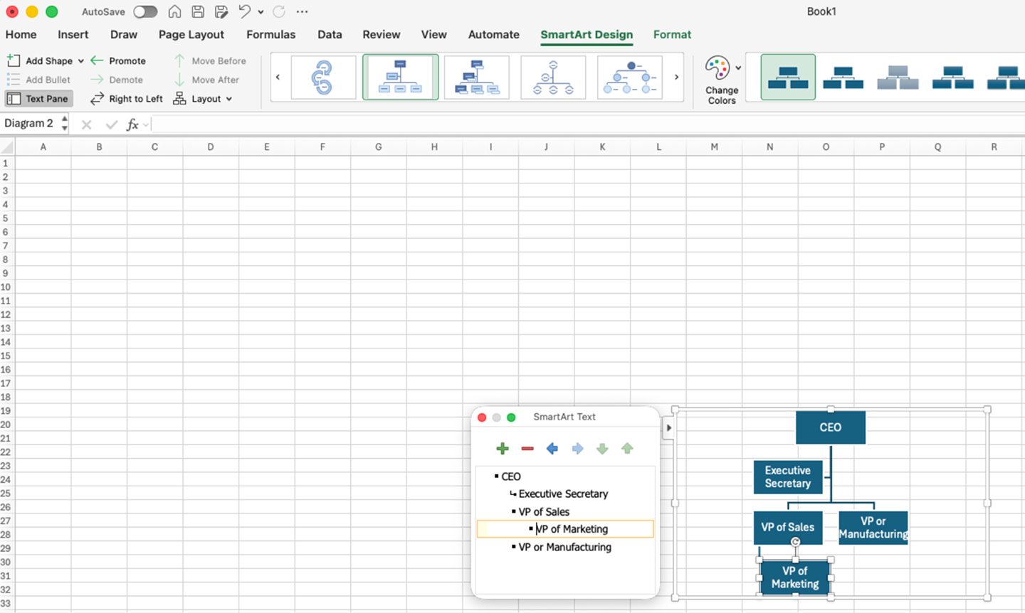 Image of customizing hierarchy of an org chart in Excel