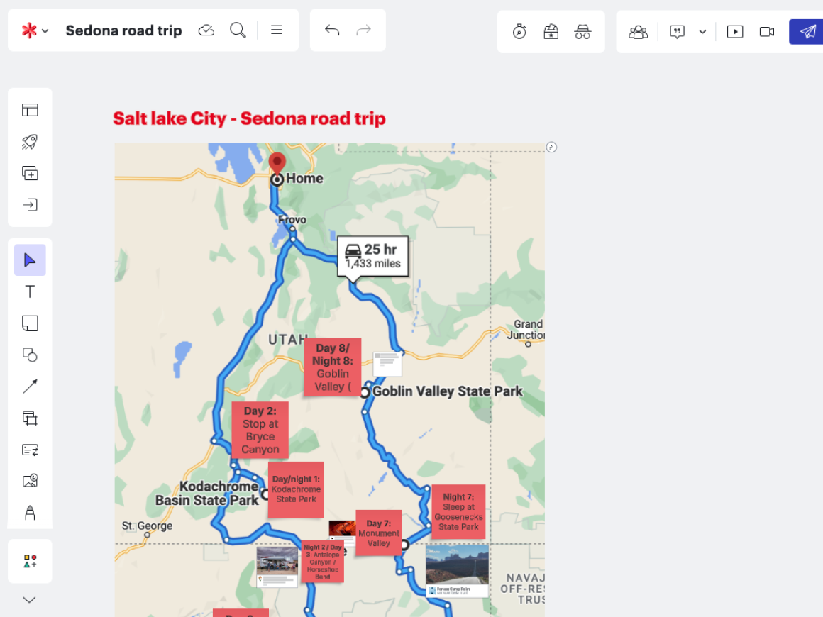 In Lucid, it’s easy to use a map to visualize a road trip and plan stops along the way.