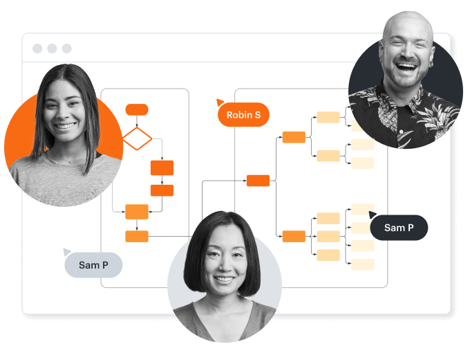 3 images of people (all smiling) in front of an abstract technical diagram