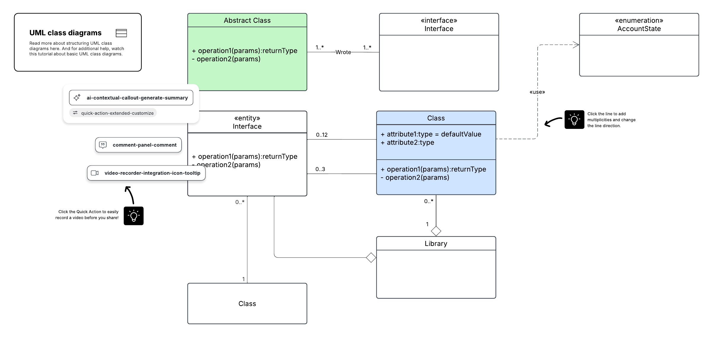 Model your systemâs classes, attributes, operations, and relationships with this UML class diagram template.