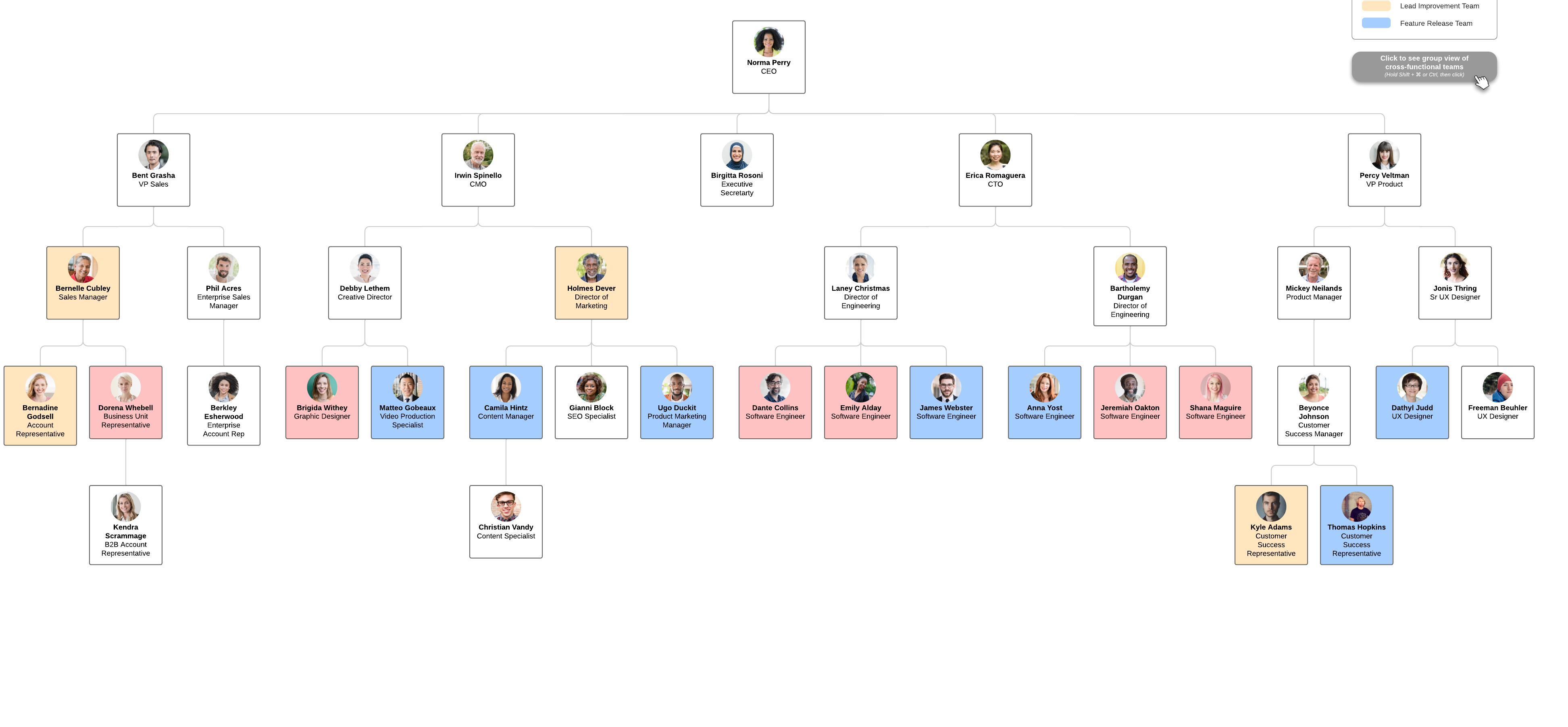 Org chart by cross-functional teams example (click on image to modify online)